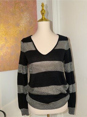 Armani Exchange Black & Silver Metallic Striped V-Neck Sweater